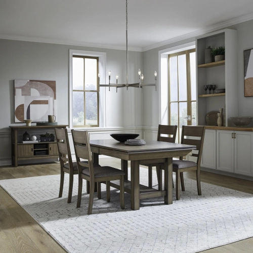 Brook Bay 5 Piece Trestle Dining Set in Sandstone Wood & Gray Linen