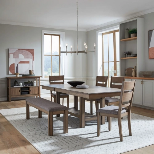 Brook Bay 6 Piece Trestle Dining Set in Sandstone Wood & Gray Linen