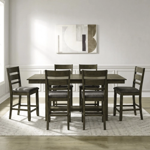 Brook Bay 7 Piece Gathering Dining Set in Sandstone Wood & Gray Linen