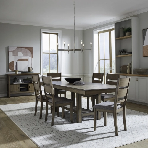 Brook Bay 7 Piece Trestle Dining Set in Sandstone Wood & Gray Linen