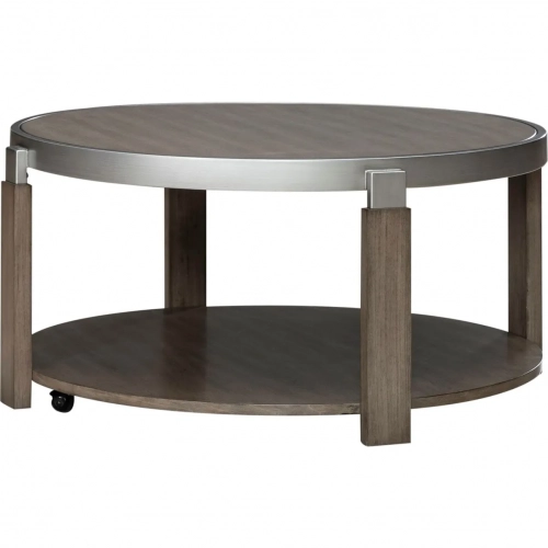Sutton Round Coffee Cocktail Table in Polished Metal & Bleached Sand Wood