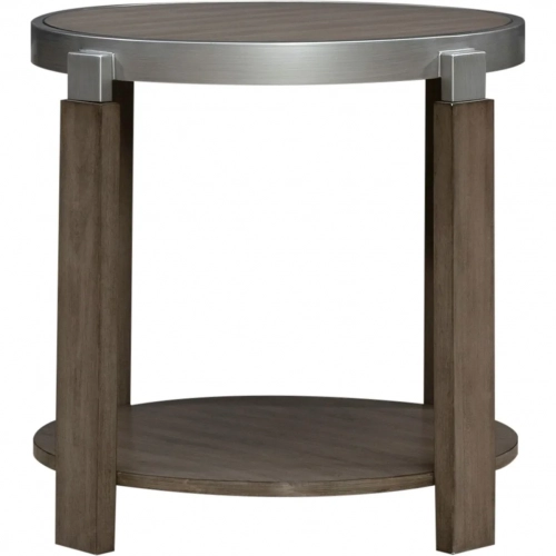 Sutton Round End Table in Polished Metal & Bleached Sand Wood