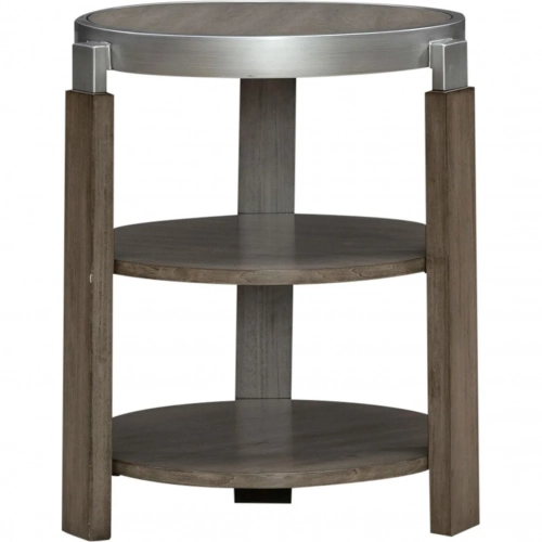 Sutton Round Chairside End Table in Polished Metal & Bleached Sand Wood
