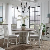 River Place 5 Piece Pedestal Dining Set in Distressed White & Brown Wood