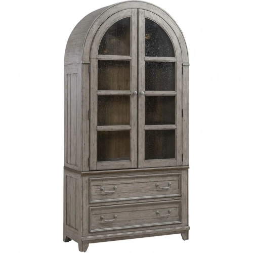 River Place Curio Cabinet in Distressed Gray & Brown Wood & Seed Glass