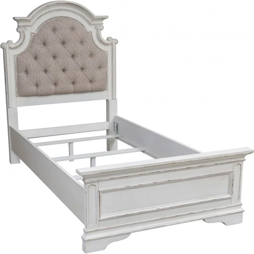 Magnolia Manor Twin Bed in Weathered Antique White Wood & Neutral Fabric