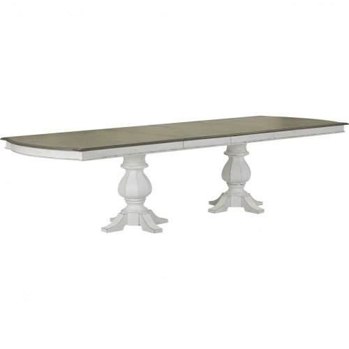Magnolia Manor 124" Extension Double Pedestal Table in Antique White & Brown