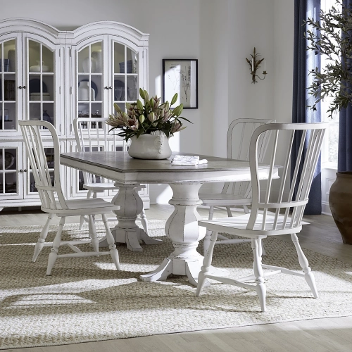 Magnolia Manor 5 Piece Double Pedestal Dining Set in Antique White & Brown