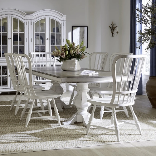 Magnolia Manor 7 Piece Double Pedestal Dining Set in Antique White & Brown