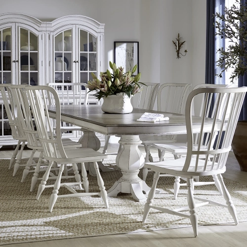 Magnolia Manor 9 Piece Double Pedestal Dining Set in Antique White & Brown