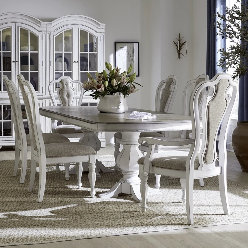 Magnolia Manor 7 Piece Double Pedestal Dining Set in Antique White & Brown