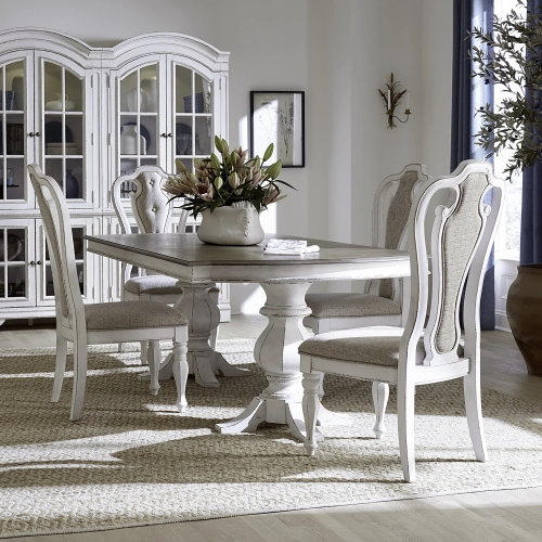 Magnolia Manor 5 Piece Double Pedestal Dining Set in Antique White & Brown