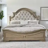 Magnolia Manor California King Bed in Weathered Bisque Wood & Tweed Fabric
