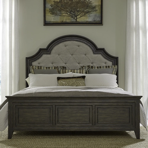 Paradise Valley California King Bed in Saddle Brown Wood & Tufted Flax Fabric