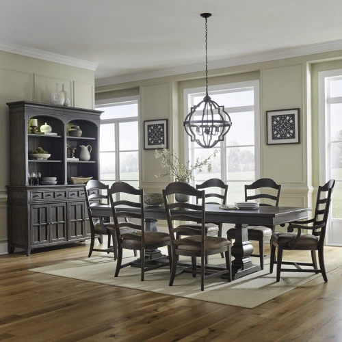 Paradise Valley 7-Piece Trestle Dining Set in Brown Wood & Brown Leatherette