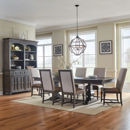 Paradise Valley 7 Piece Trestle Dining Set in Brown Wood & Fabric