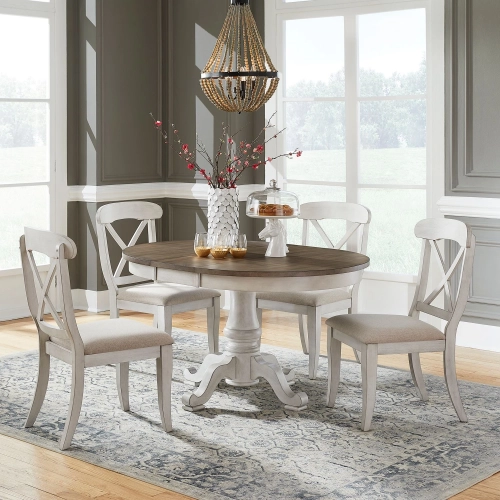 Ocean Isle 5 Piece Pedestal Dining Set in White, Pine & Grey Linen
