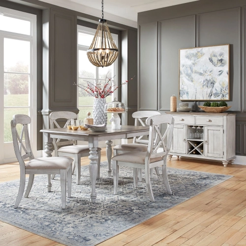 Ocean Isle 5 Piece Dining Set in White, Pine & Grey Linen