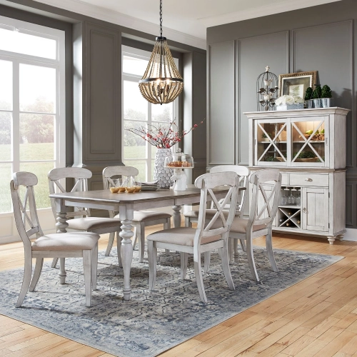 Ocean Isle 7 Piece Dining Set in White, Pine & Grey Linen