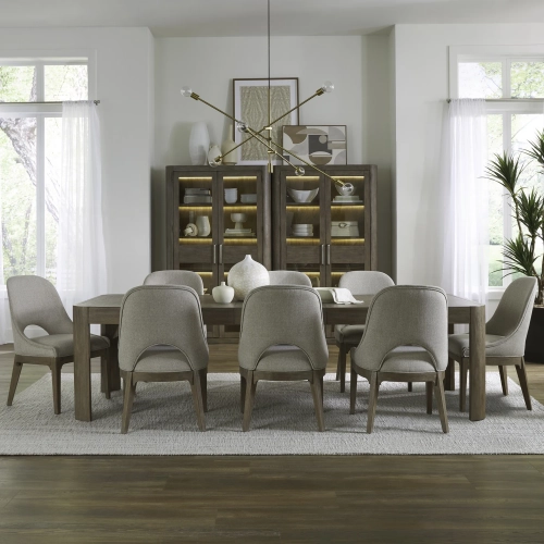 South Bend 9-Piece Dining Set in Burnished Wood & Neutral Fabric