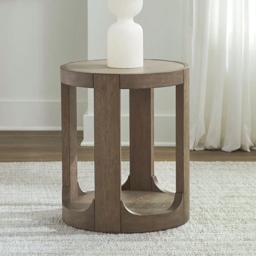 South Bend Round Chairside End Table in Burnished Clay Wood & Faux Concrete