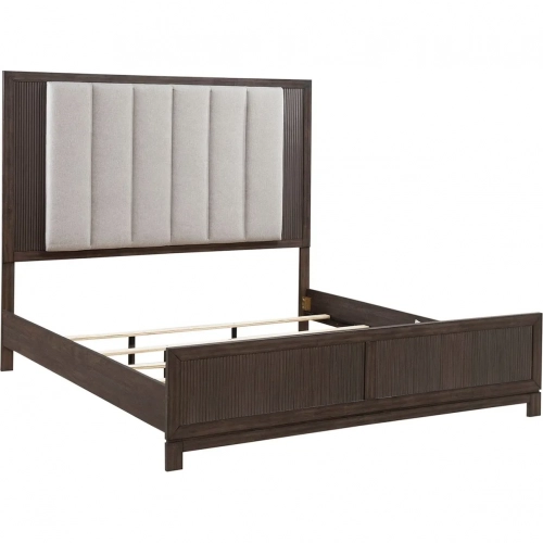 Modern Edge King Bed in in Brown Wood & Channel Tufted Gray Fabric