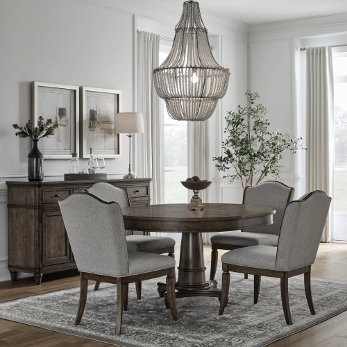 Harrison Heights 5 Piece Pedestal Dining Set in Brown Wood & Beige Fabric
