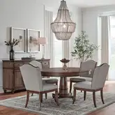 Harrison Heights 5 Piece Pedestal Dining Set in Brown Wood & Beige Fabric