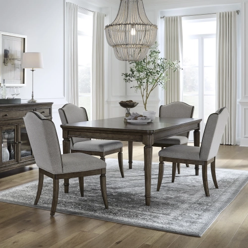 Harrison Heights 5 Piece Dining Set in Sienna Brown Wood & Beige Fabric