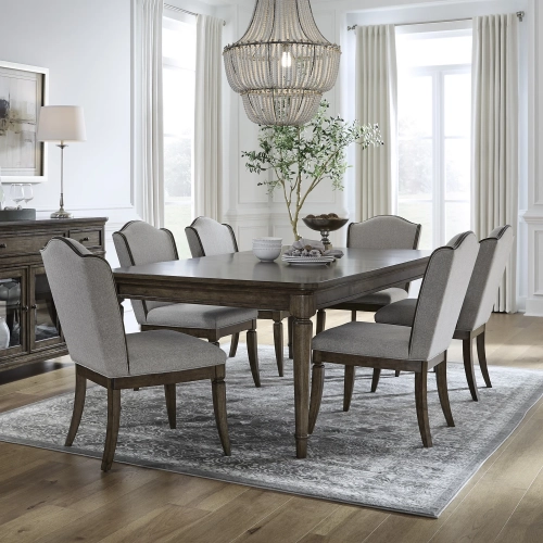 Harrison Heights 7 Piece Dining Set in Sienna Brown Wood & Beige Fabric