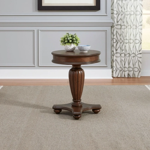 Allington Round End Table in Satin Sienna Brown Wood