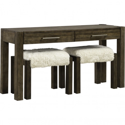 Broadmore 3 Piece Console Table & Stools Set in Brown Wood & Faux Sheepskin