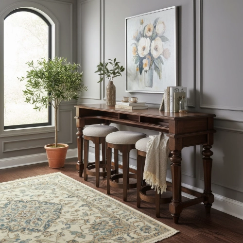 Arden Road 4 Piece Console Table & Stools Set in Cherry Finish & Cream Fabric