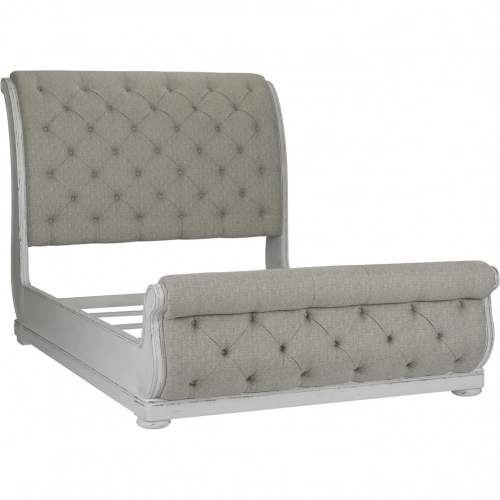 Abbey Park California King Sleigh Bed in Antique White Wood & Tufted Chenille
