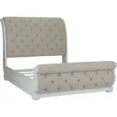Abbey Park California King Sleigh Bed in Antique White Wood & Tufted Chenille