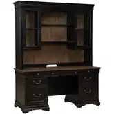 Meritage Credenza & Hutch in Distressed Black & Caramel Wood & Glass