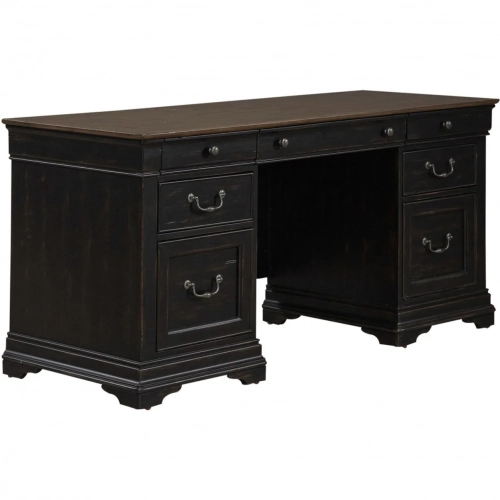 Meritage Jr Executive Credenza in Distressed Rubbed Black & Caramel Wood