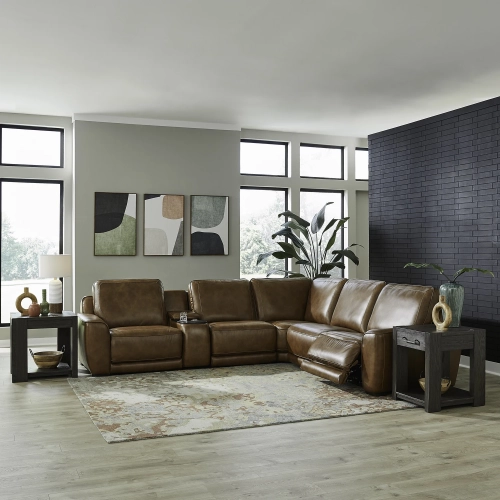 Blake 6 Piece Dual Power Sectional Sofa in Venetian Honey Brown Leather