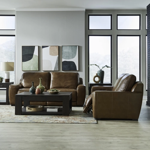 Blake Dual Power Sofa & Loveseat Set in Venetian Honey Brown Leather