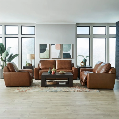Blake Dual Power Sofa, Loveseat & Recliner Set in Venetian Honey Brown Leather