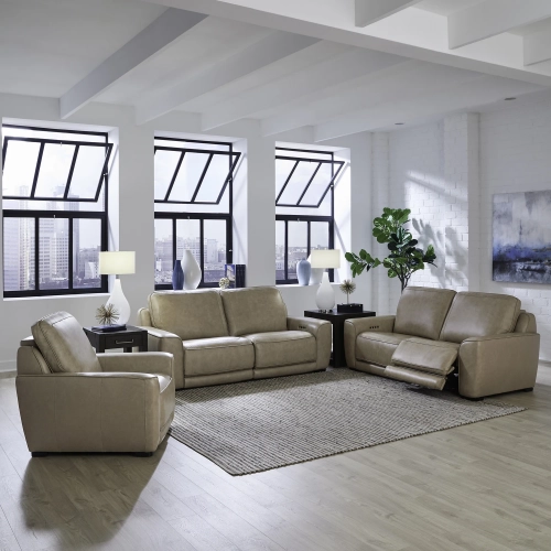 Blake Dual Power Sofa, Loveseat & Recliner Set in Oatmeal Neutral Leather
