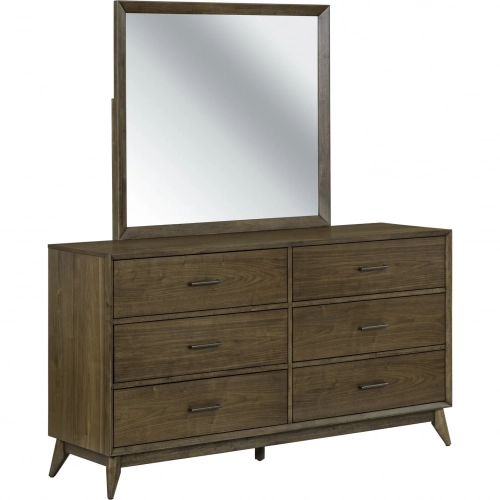 Century Modern Dresser & Mirror Set in Satin Walnut Brown Wood