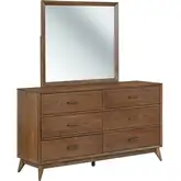 Century Modern Dresser & Mirror Set in Satin Walnut Brown Wood
