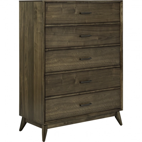 Century Modern 5 Drawer Chest in Satin Walnut Brown Wood
