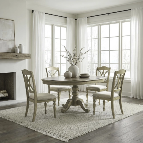 Summer House 5-Piece Pedestal Dining Set in Sand Dune Brown Wood