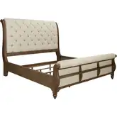Americana Farmhouse CA King Sleigh Bed in Distressed Wood & Tufted Linen