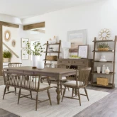 Americana Farmhouse 6 Piece Dining Set in Taupe Wood & Stone Fabric