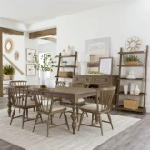 Americana Farmhouse 7 Piece Dining Set in Taupe Wood & Stone Fabric