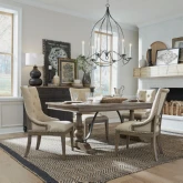 Americana Farmhouse 5 Piece Trestle Dining Set in Distressed Wood & Fabric