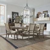 Americana Farmhouse 7 Piece Dining Set in Distressed Wood & Fabric